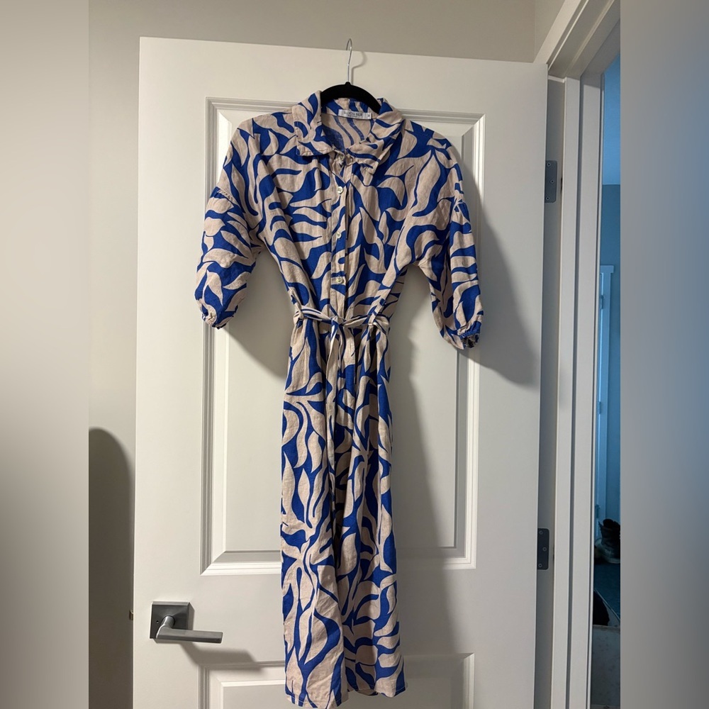 Valentina Naldi Blue and Beige Patterned Women's Dress in size Medium 100% linen